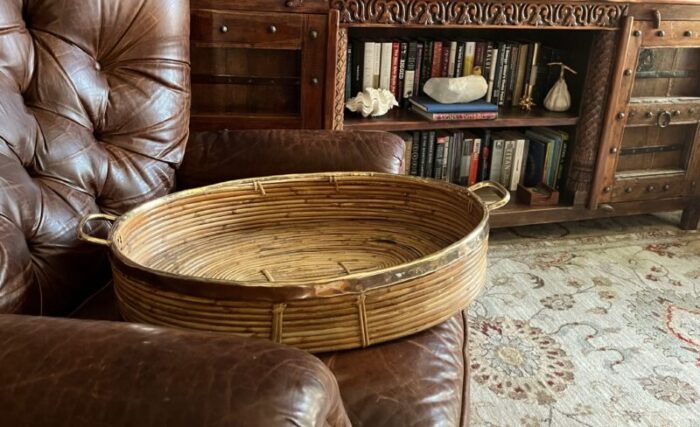 vintage large crespi style rattan basket with brass trim 4716