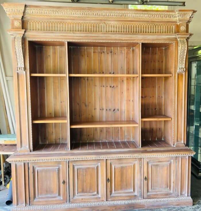 vintage made in italy custom made washed pine library shelving storage cupboard 4638