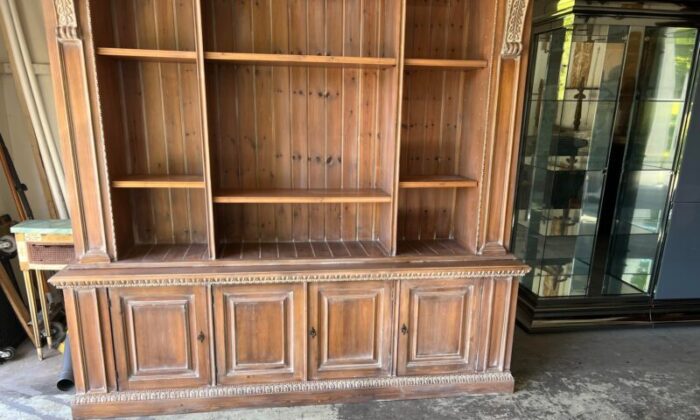 vintage made in italy custom made washed pine library shelving storage cupboard 7663