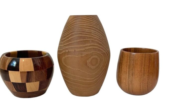 vintage mcm hand turned wood vases and containers set of 6 0251