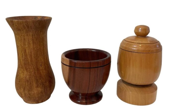 vintage mcm hand turned wood vases and containers set of 6 3977