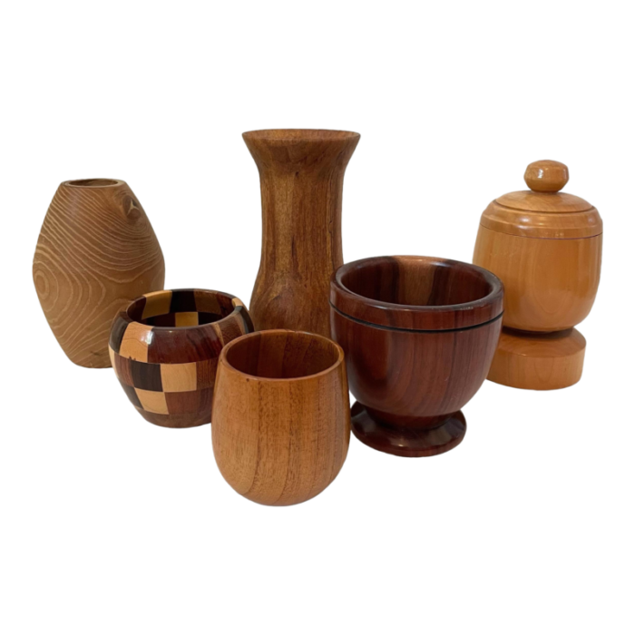 vintage mcm hand turned wood vases and containers set of 6 6356