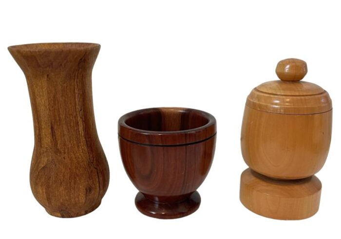 vintage mcm hand turned wood vases and containers set of 6 6647