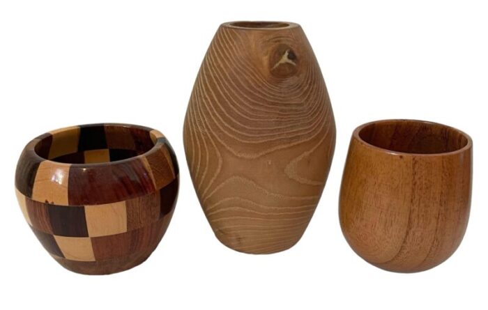 vintage mcm hand turned wood vases and containers set of 6 9531