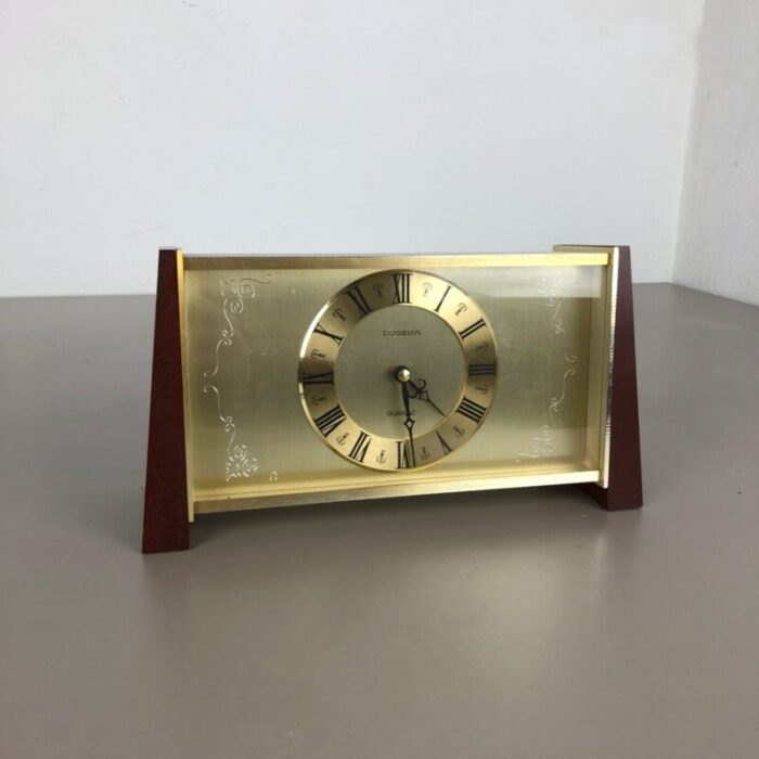 vintage modernist wooden teak brass table clock by dugena germany 1960s 2