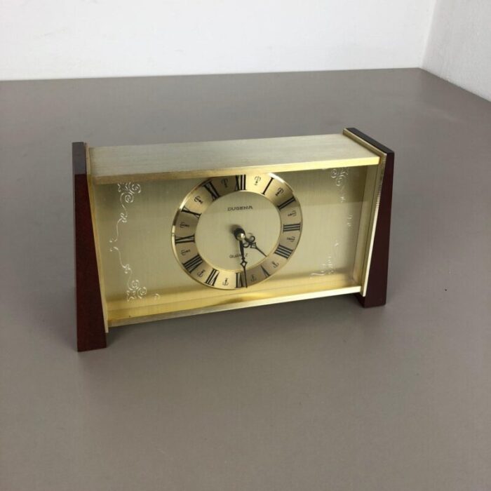 vintage modernist wooden teak brass table clock by dugena germany 1960s 3