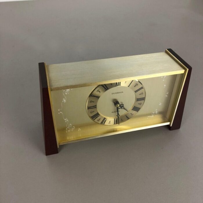 vintage modernist wooden teak brass table clock by dugena germany 1960s 4