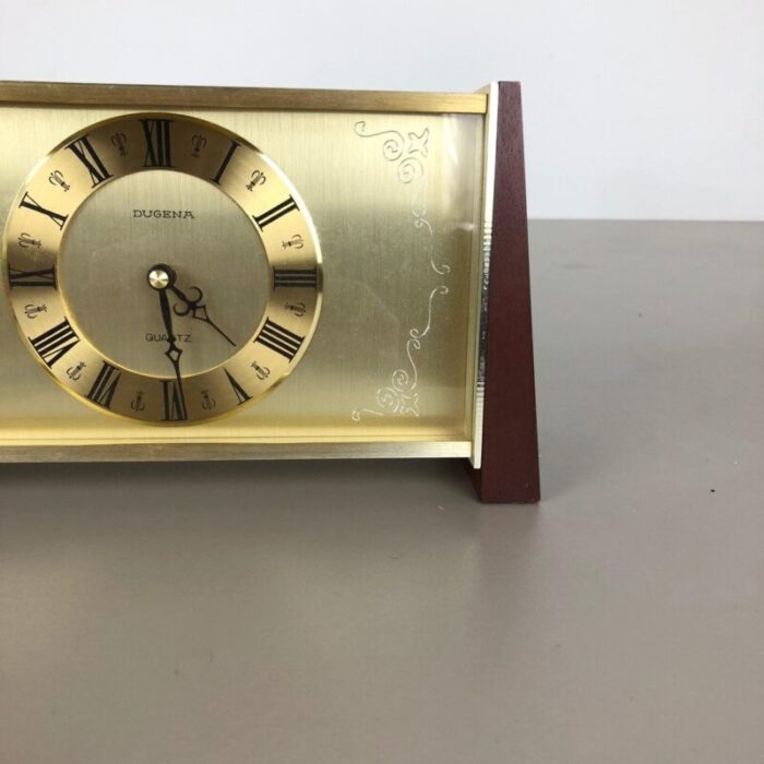 vintage modernist wooden teak brass table clock by dugena germany 1960s 5