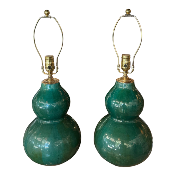 vintage pair gourd green crackle glaze porcelain table lamps newly wired brass 4975