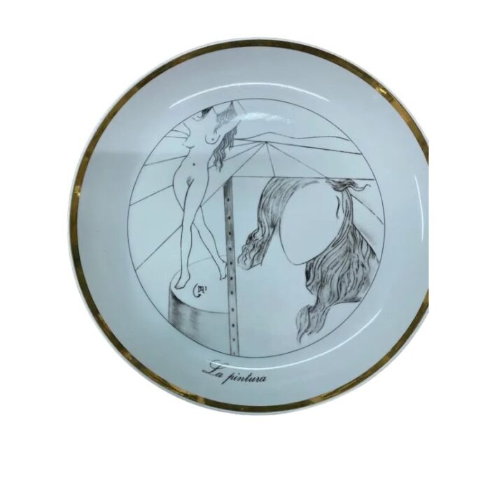 vintage porcelain plates the seven arts drawing with gold edges by salvador dali set of 7 5