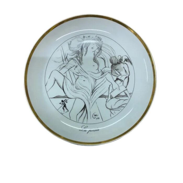 vintage porcelain plates the seven arts drawing with gold edges by salvador dali set of 7 6