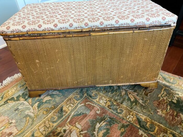 vintage rattan reeded trunk or bench with bamboo trim and upholstered seat 3636