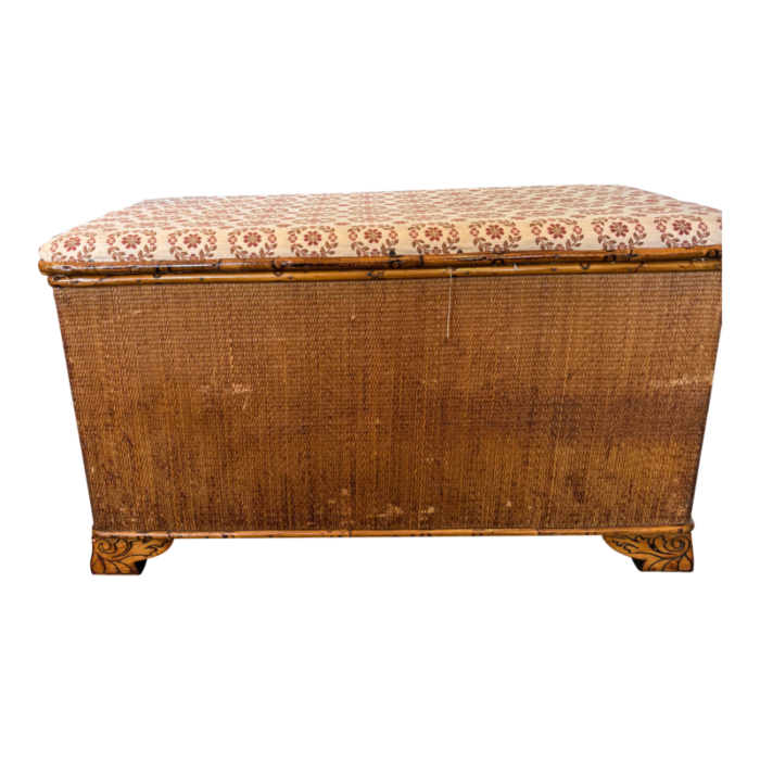 vintage rattan reeded trunk or bench with bamboo trim and upholstered seat 7671