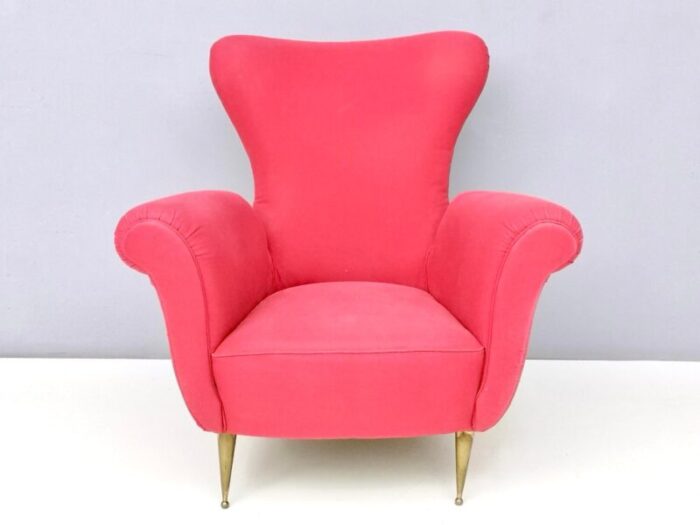 vintage red cotton wingback armchair with brass feet italy 3834