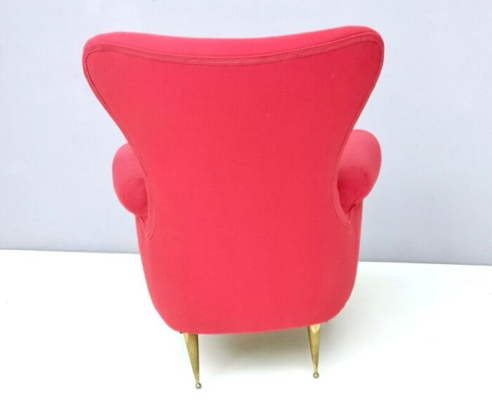 vintage red cotton wingback armchair with brass feet italy 4797