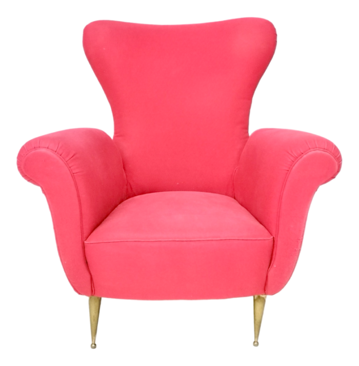 vintage red cotton wingback armchair with brass feet italy 5842