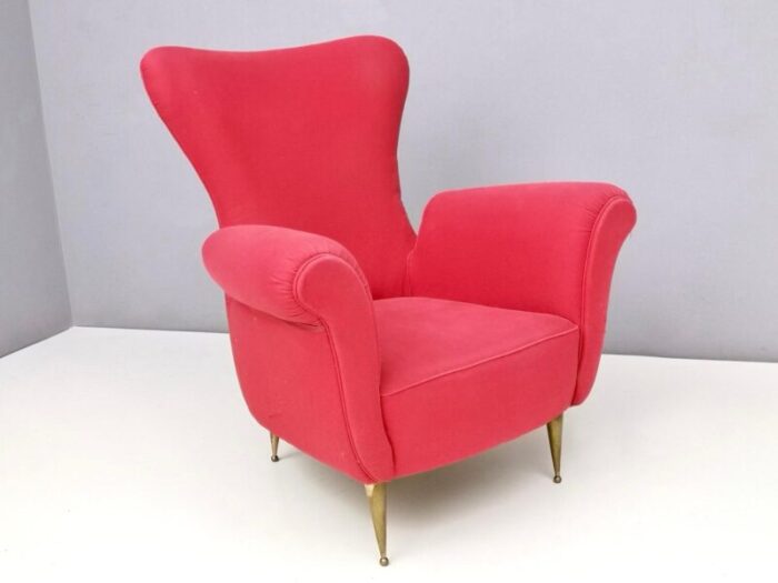 vintage red cotton wingback armchair with brass feet italy 8367