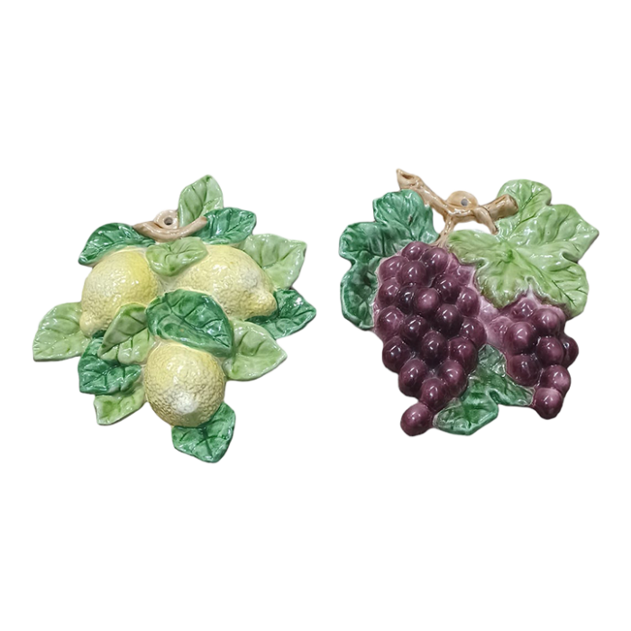 vintage set of 2 italian terracotta lemon and grape wall hangers 7630