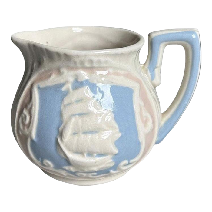 vintage ship motif ceramic creamer pitcher in blue and pink japan 0794