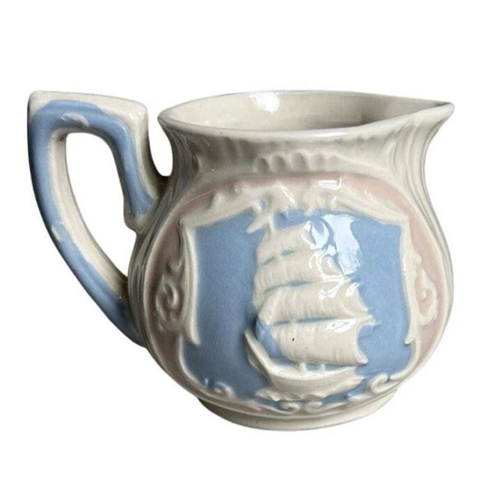 vintage ship motif ceramic creamer pitcher in blue and pink japan 6142