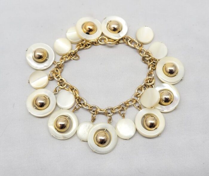 vintage signed napier goldtone mother of pearl charm bracelet 0080