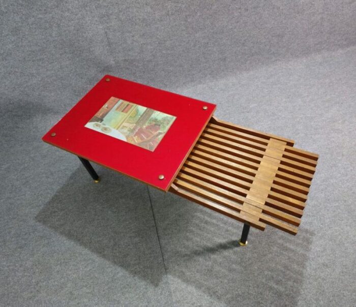 vintage wooden bench with enamelled metal structure italy 1960s 1312