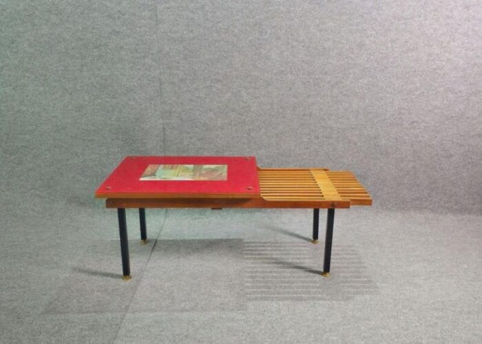 vintage wooden bench with enamelled metal structure italy 1960s 5001