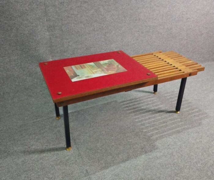 vintage wooden bench with enamelled metal structure italy 1960s 7934