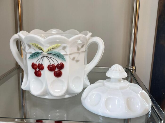 westmoreland white milk glass cherry thumbprint cookie jar 3973