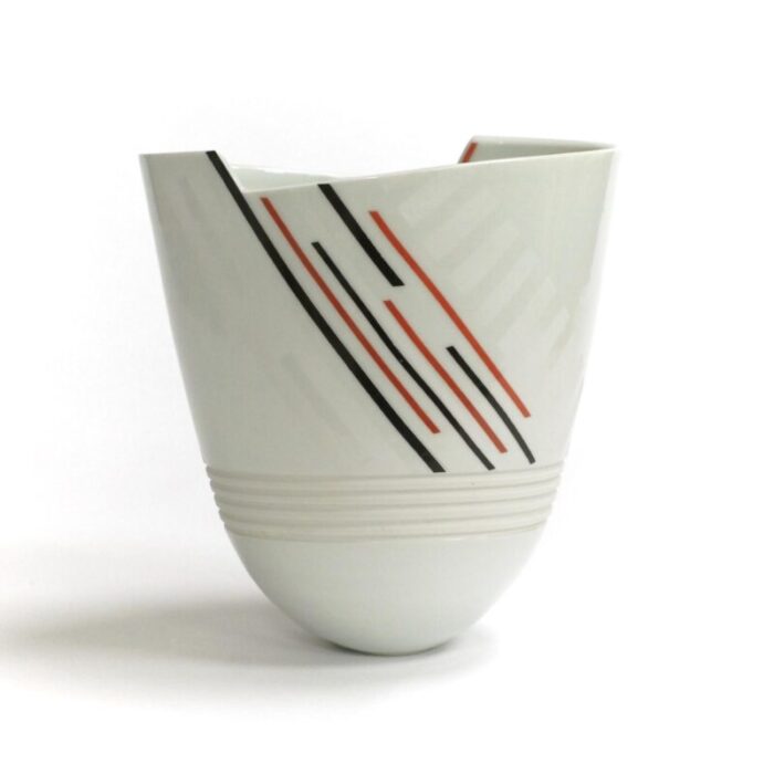 white porcelain vase with red and black lines by horst gobbels 0905