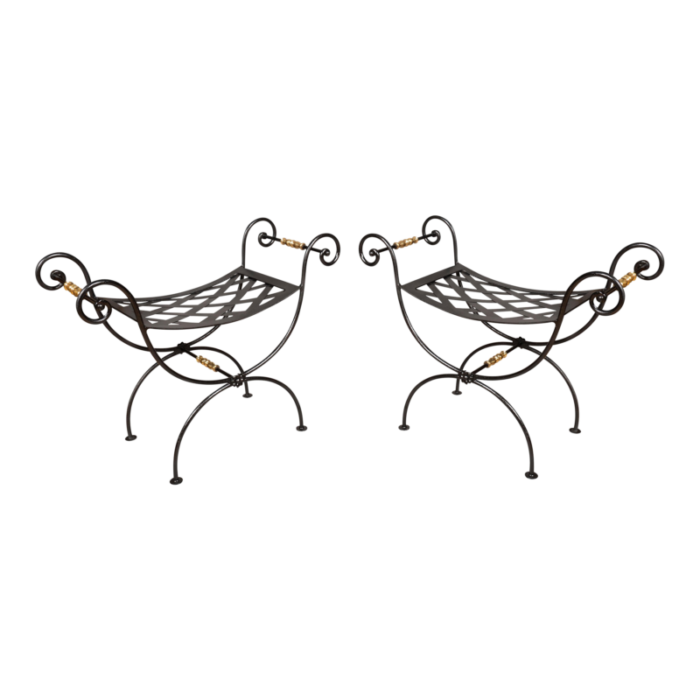 wrought iron and brass benches a pair 7184