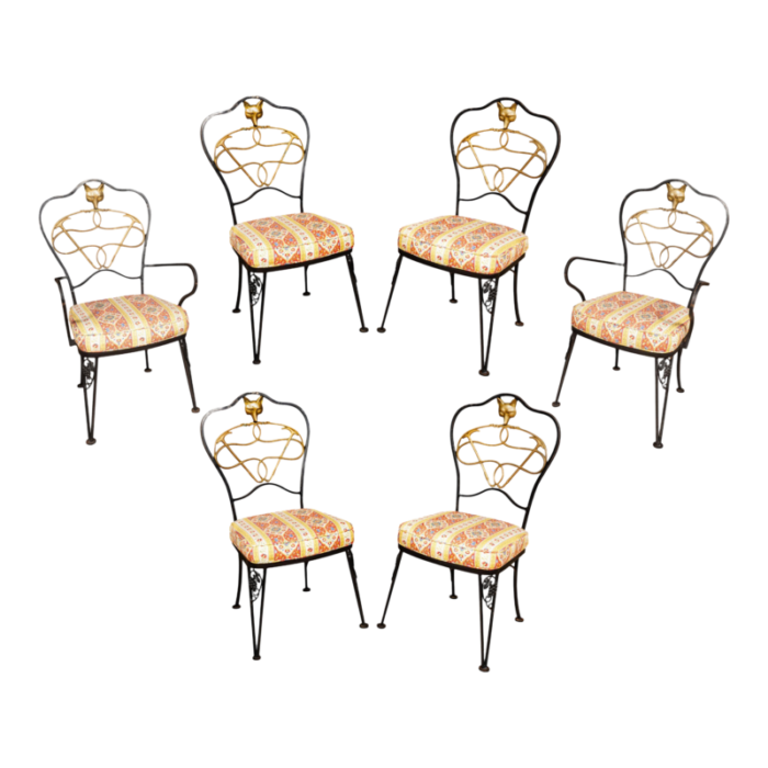 wrought iron and brass dining chairs with fox hunting theme set of 6 3338