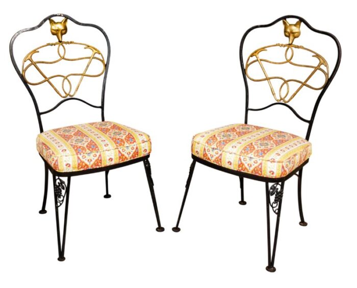 wrought iron and brass dining chairs with fox hunting theme set of 6 9347