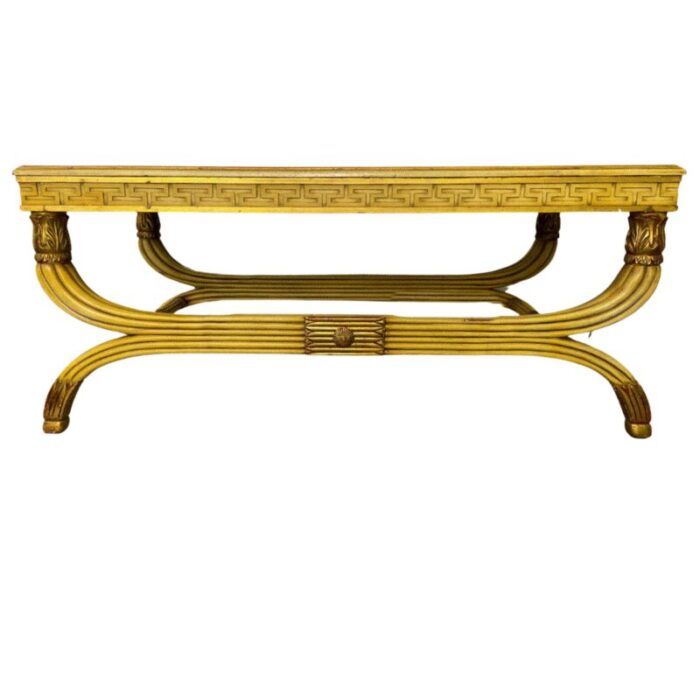 yellow lacquer neoclassical curule coffee table with glass top 0107