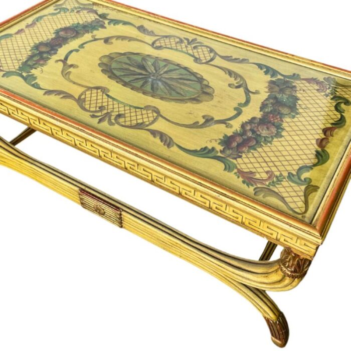 yellow lacquer neoclassical curule coffee table with glass top 0200