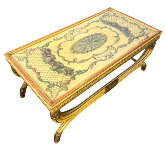 yellow lacquer neoclassical curule coffee table with glass top 0325