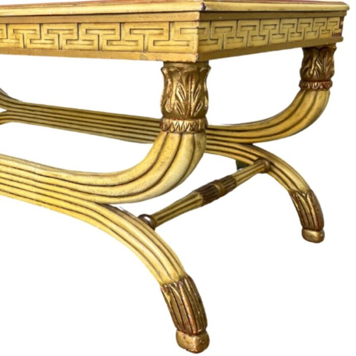 yellow lacquer neoclassical curule coffee table with glass top 1012