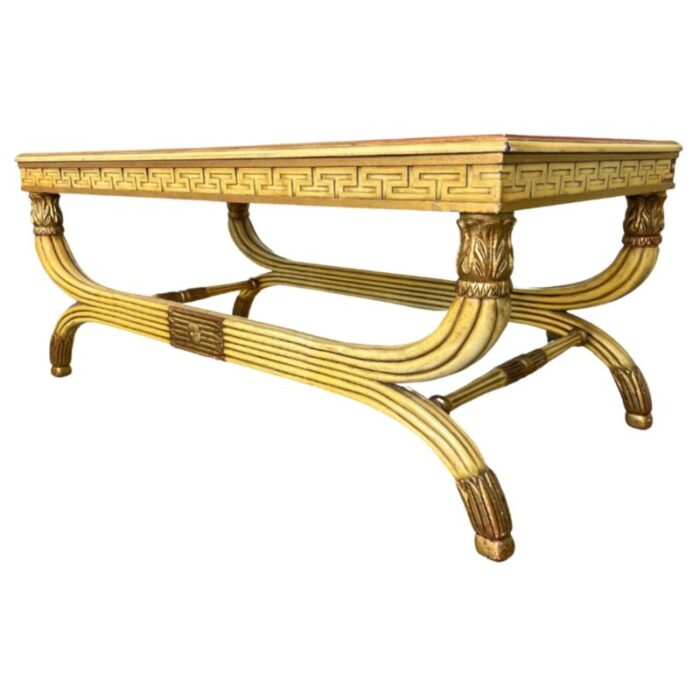 yellow lacquer neoclassical curule coffee table with glass top 3023