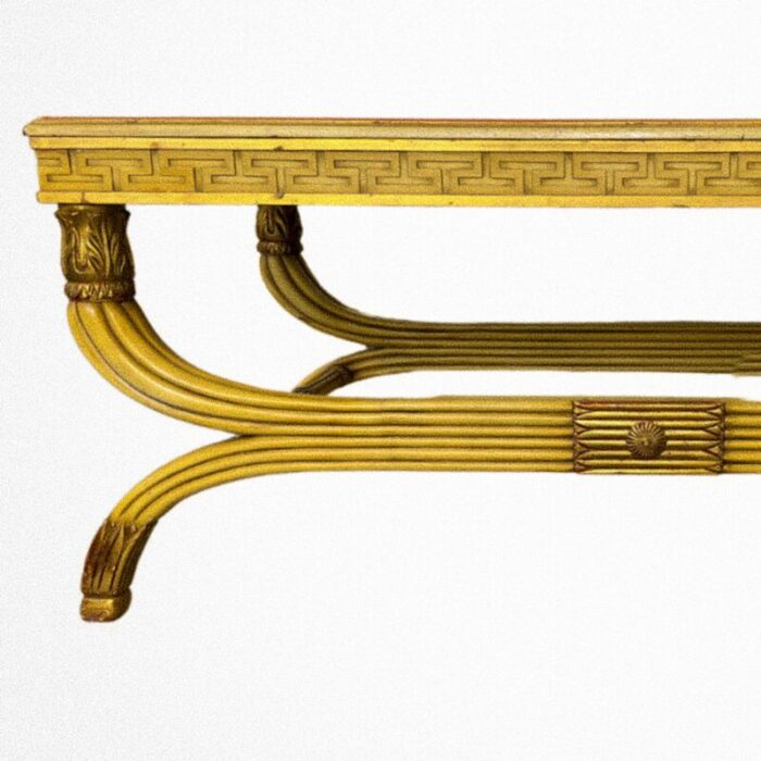 yellow lacquer neoclassical curule coffee table with glass top 4681